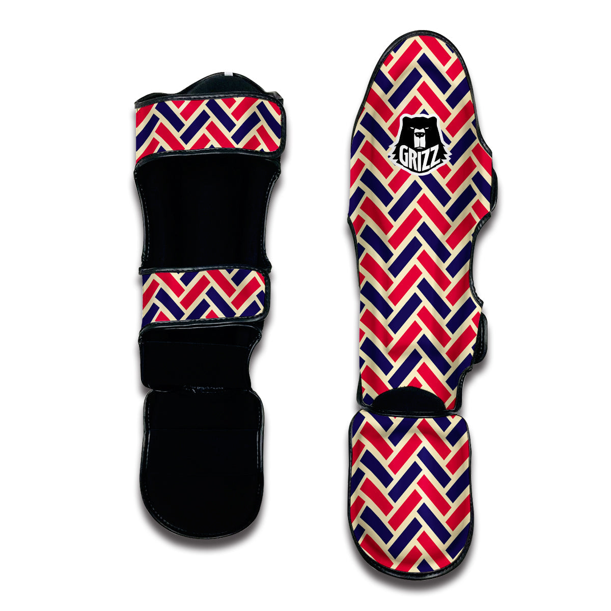 Red Blue Biege Herringbone Print Pattern Muay Thai Shin Guards-grizzshop