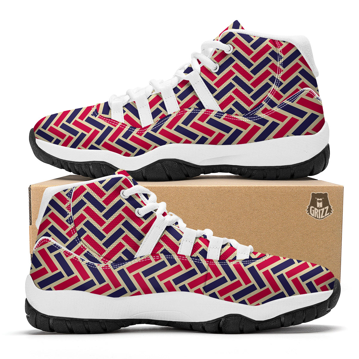 Red Blue Biege Herringbone Print Pattern White Bball Shoes-grizzshop