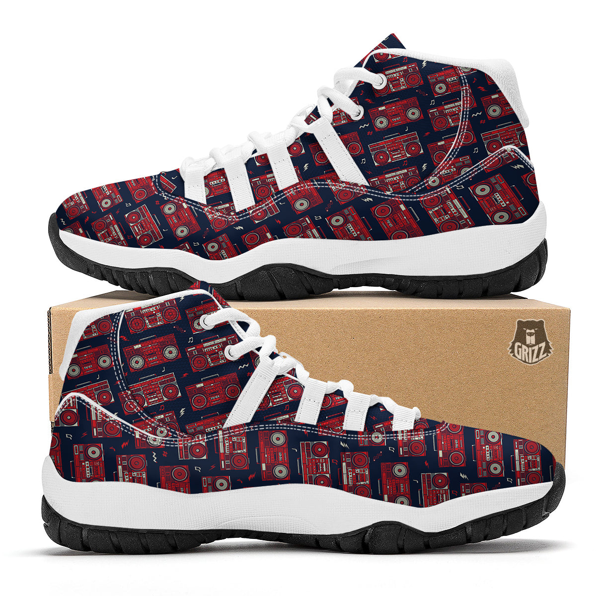 Red Boombox Print Pattern White Bball Shoes-grizzshop
