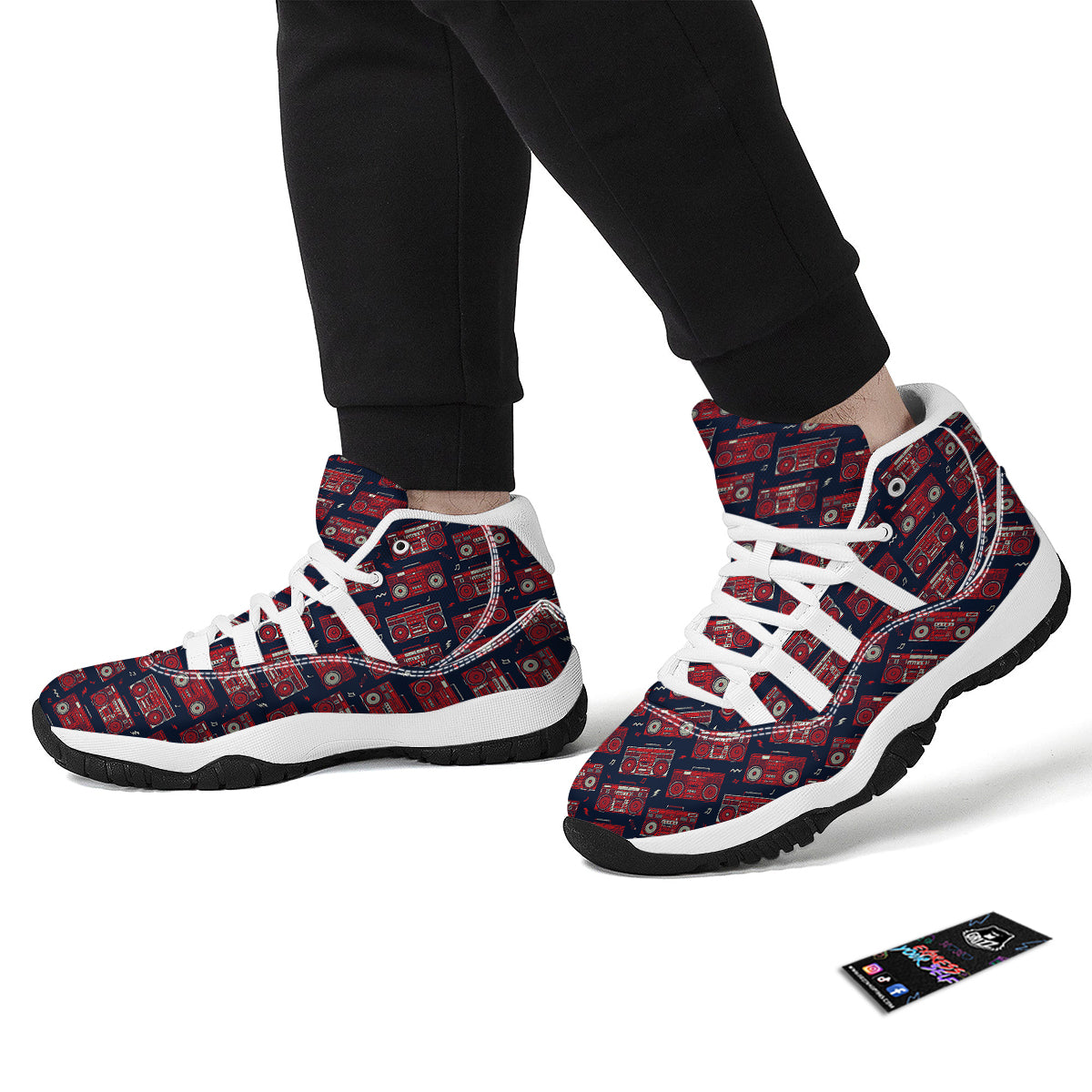 Red Boombox Print Pattern White Bball Shoes-grizzshop