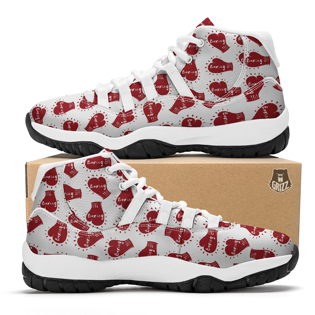 Red Boxing Vintage Print Pattern White Bball Shoes-grizzshop