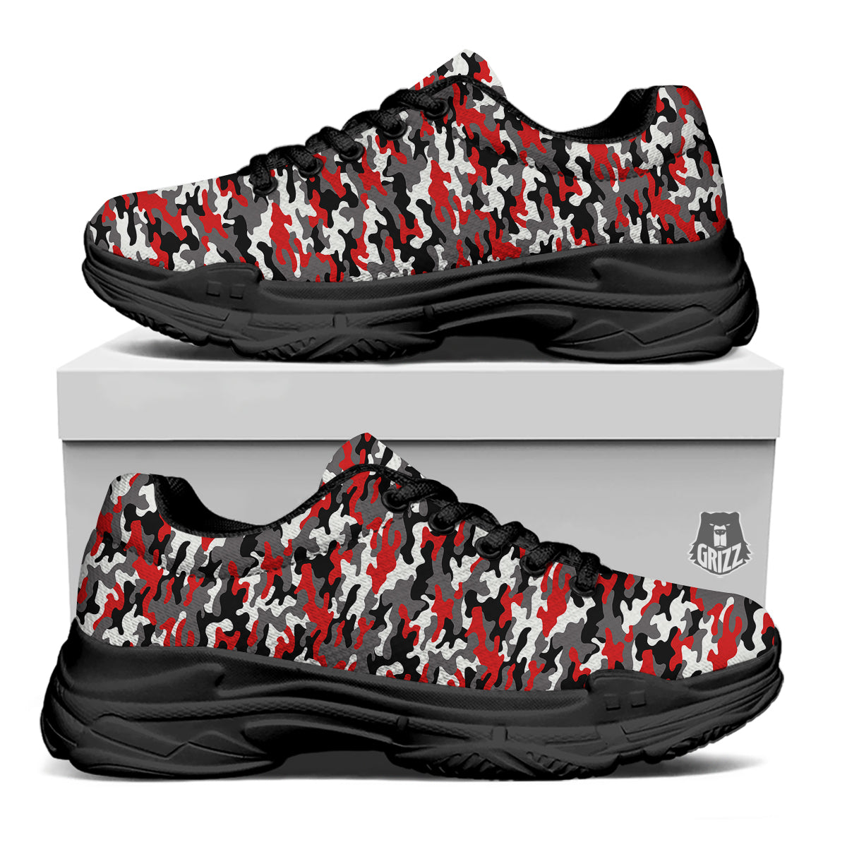 Red Camouflage Texture Military Print Black Chunky Shoes-grizzshop