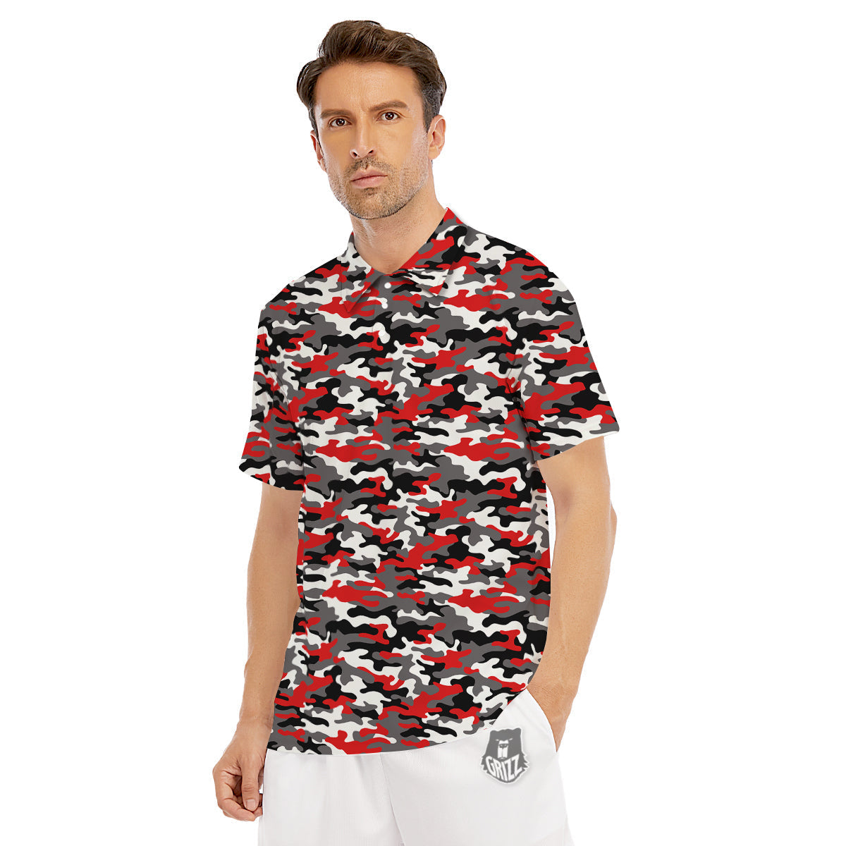 Red Camouflage Texture Military Print Men's Golf Shirts-grizzshop