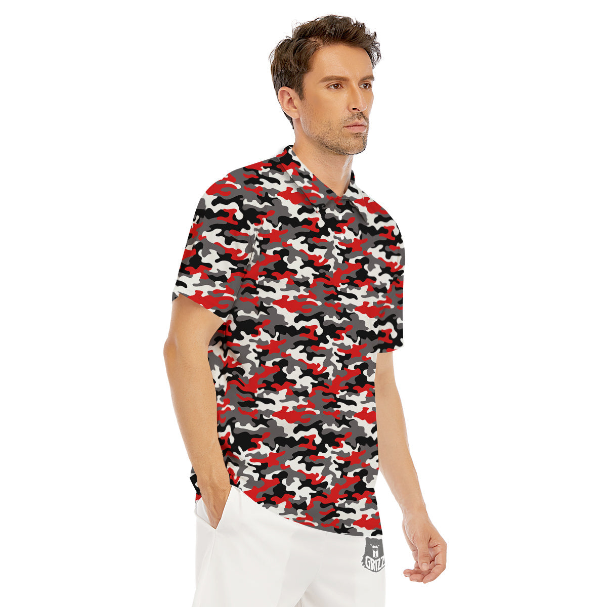 Red Camouflage Texture Military Print Men's Golf Shirts-grizzshop