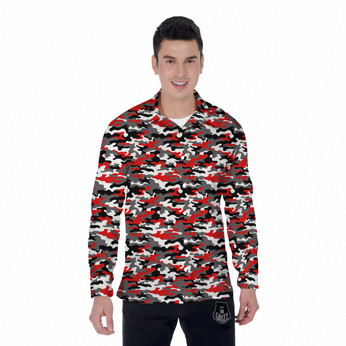 Red Camouflage Texture Military Print Men's Long Sleeve Shirts-grizzshop