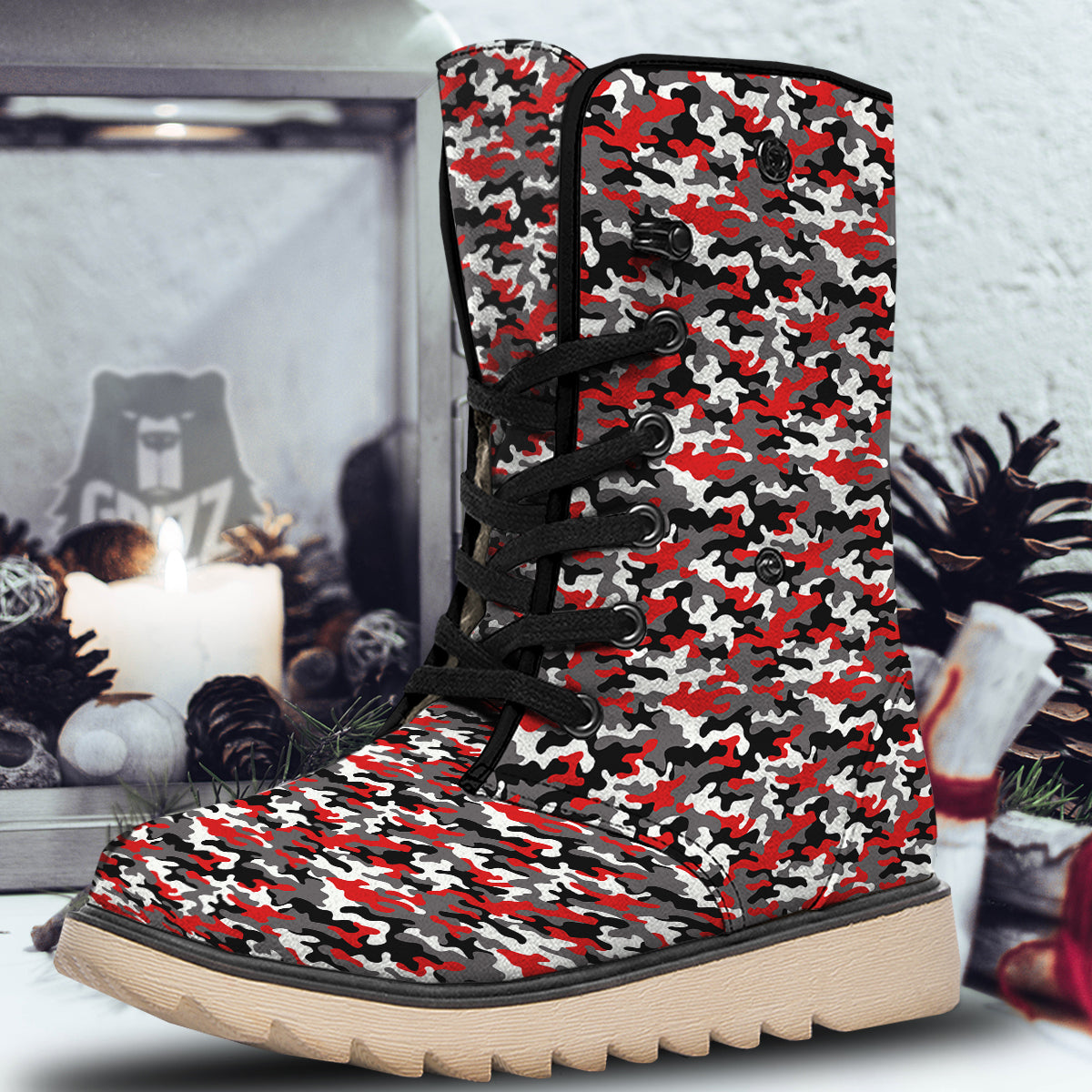 Red Camouflage Texture Military Print Snow Boots-grizzshop