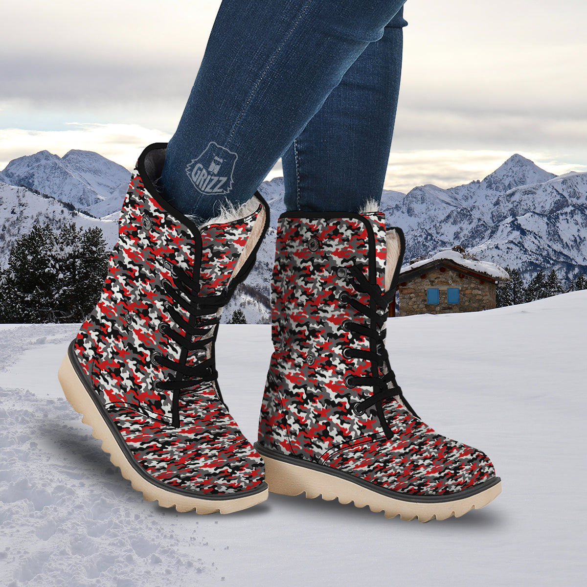 Red Camouflage Texture Military Print Snow Boots-grizzshop