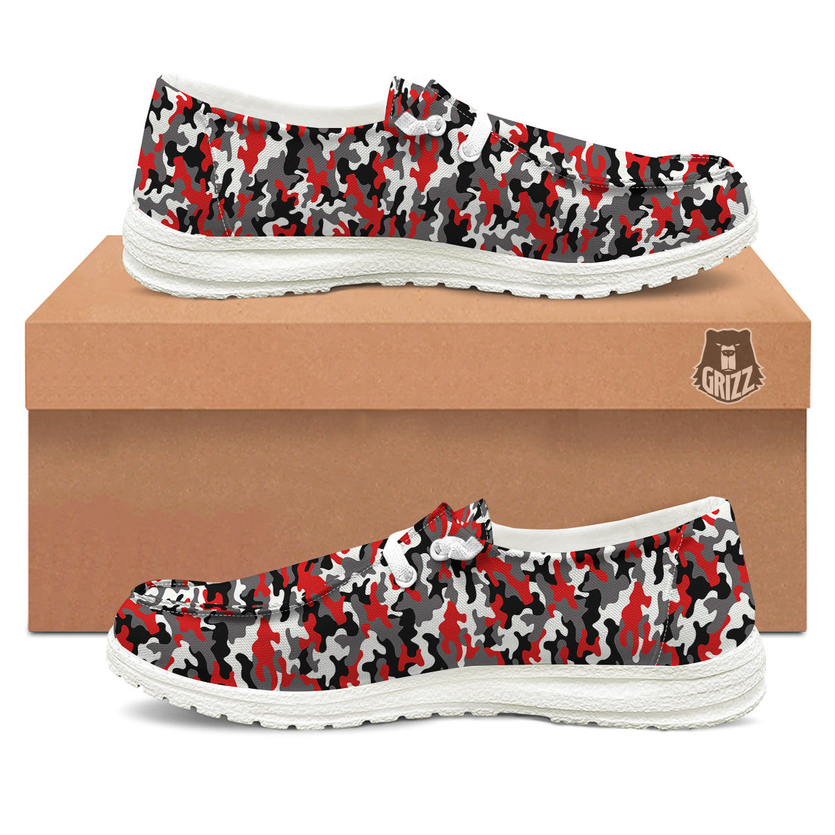 Red Camouflage Texture Military Print White Loafers-grizzshop
