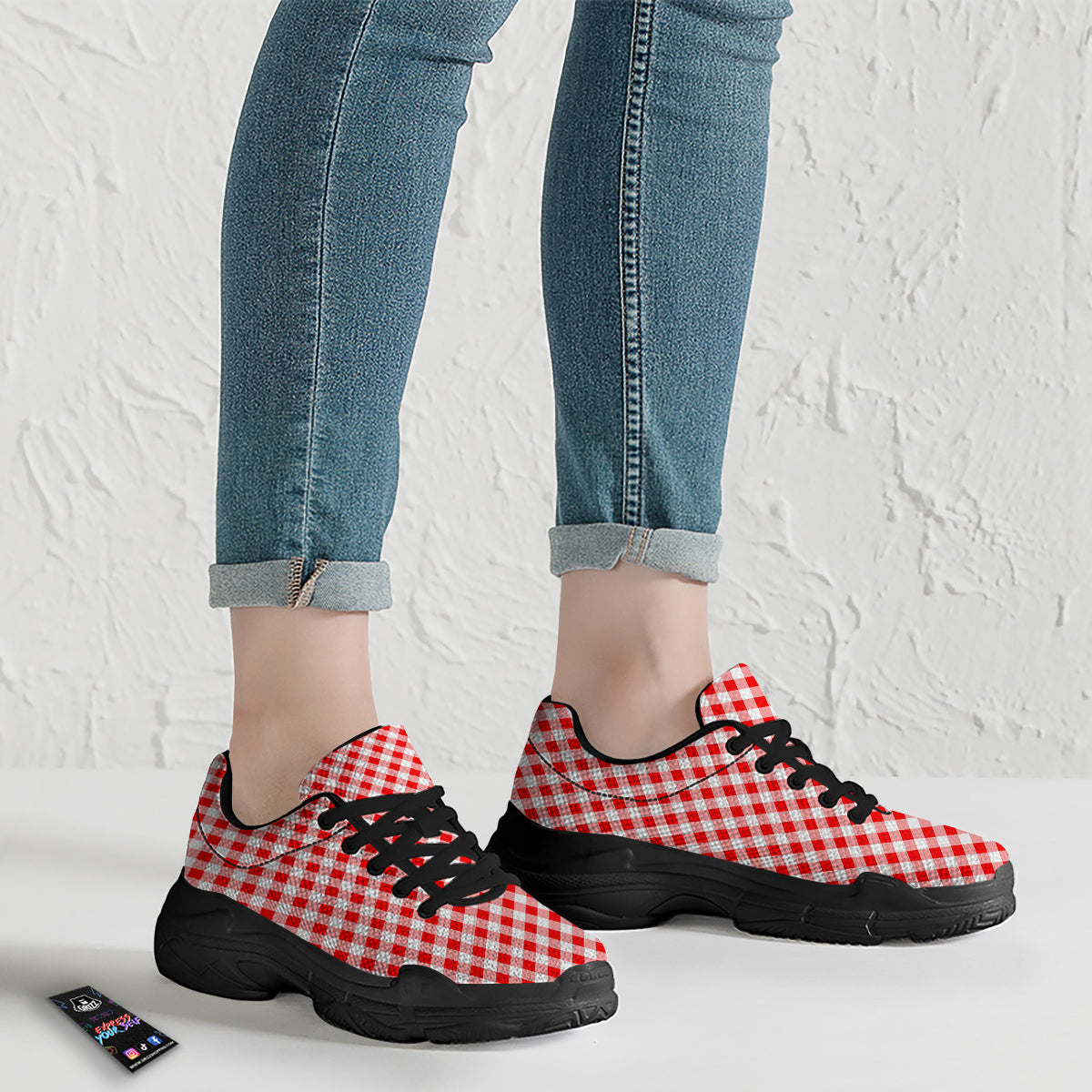 Red Cardinal And White Gingham Print Black Chunky Shoes-grizzshop