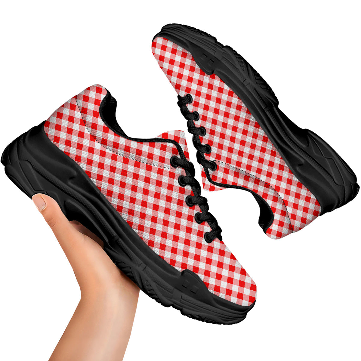 Red Cardinal And White Gingham Print Black Chunky Shoes-grizzshop