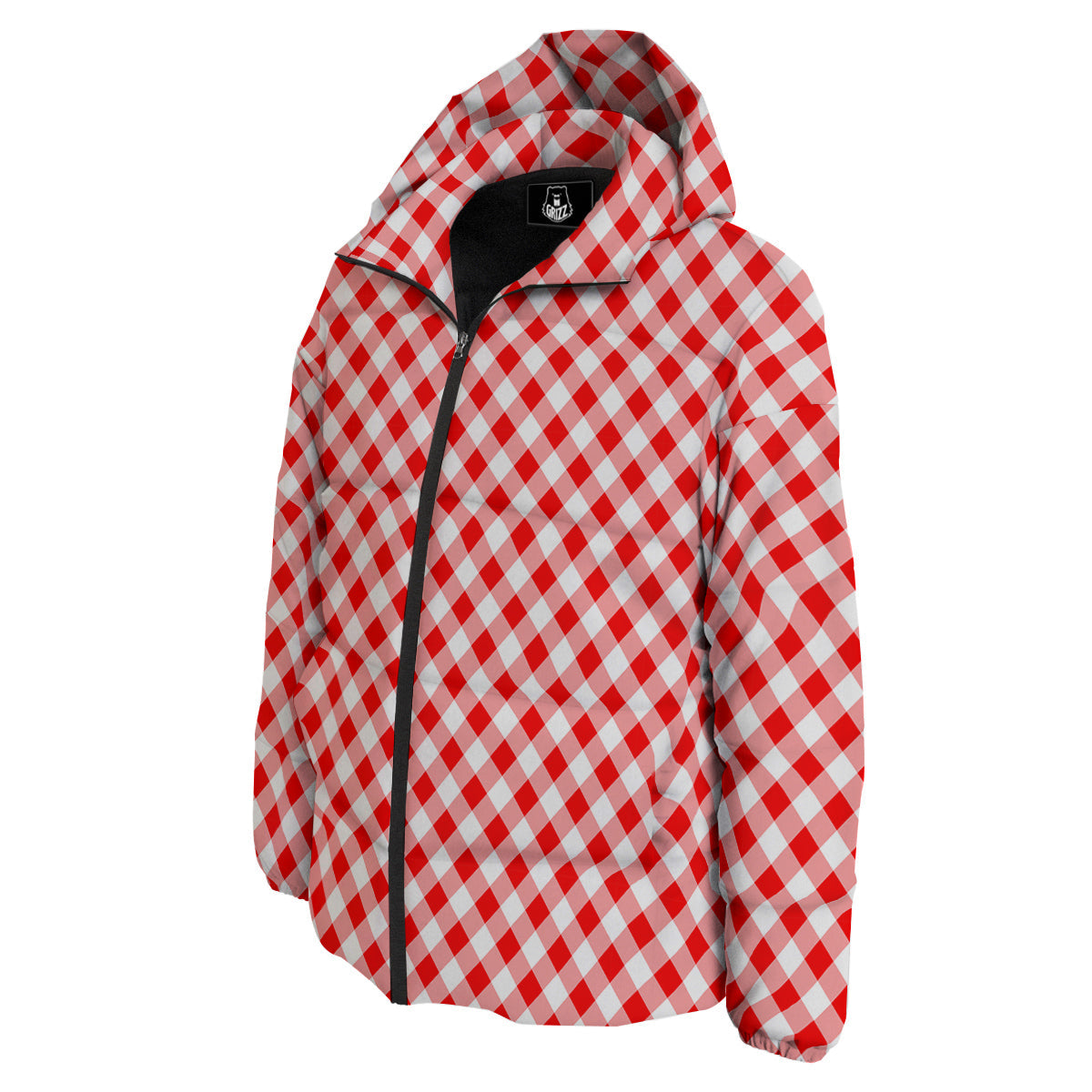 Red Cardinal And White Gingham Print Down Jacket-grizzshop