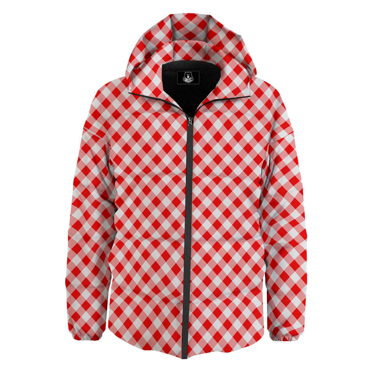 Red Cardinal And White Gingham Print Down Jacket-grizzshop
