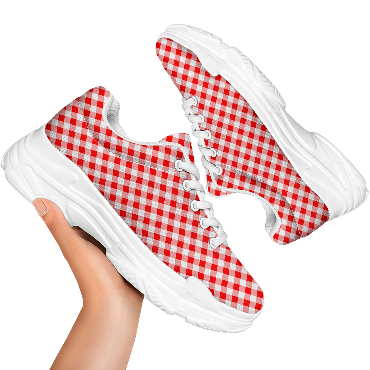 Red Cardinal And White Gingham Print White Chunky Shoes-grizzshop