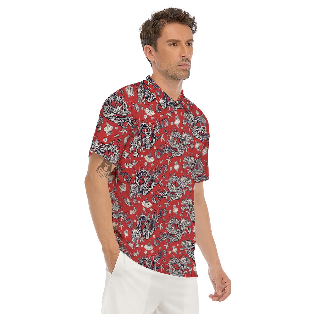 Red Chinese Dragon Floral Print Men's Golf Shirts-grizzshop