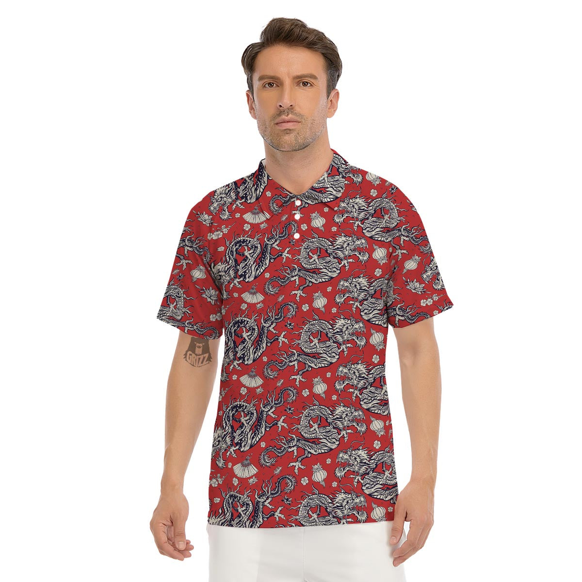 Red Chinese Dragon Floral Print Men's Golf Shirts-grizzshop