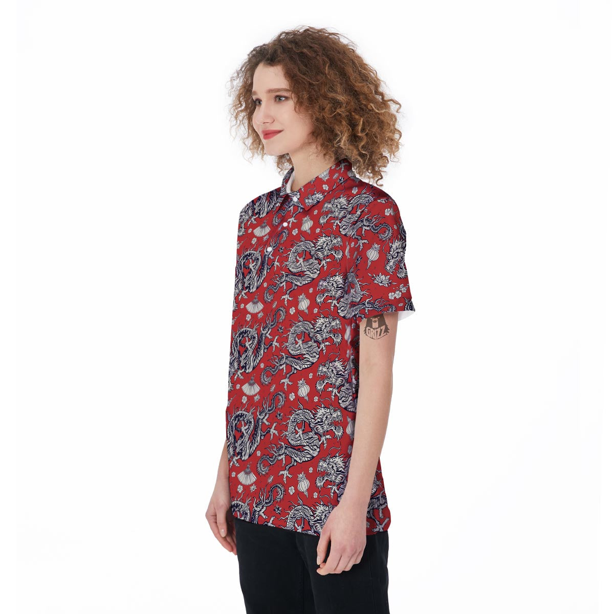 Red Chinese Dragon Floral Print Women's Golf Shirts-grizzshop