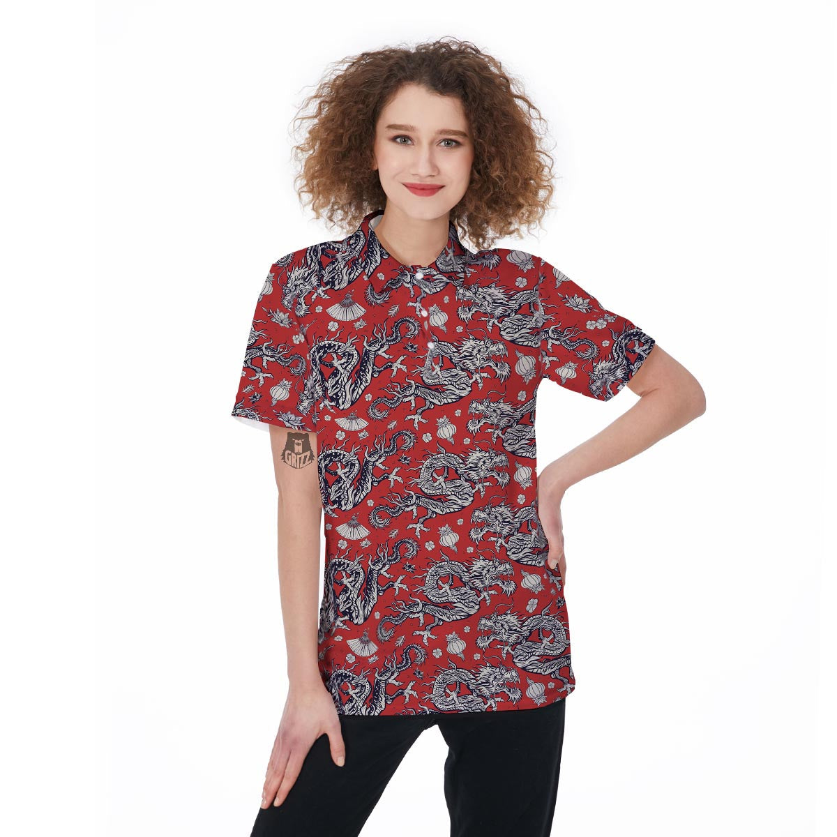 Red Chinese Dragon Floral Print Women's Golf Shirts-grizzshop
