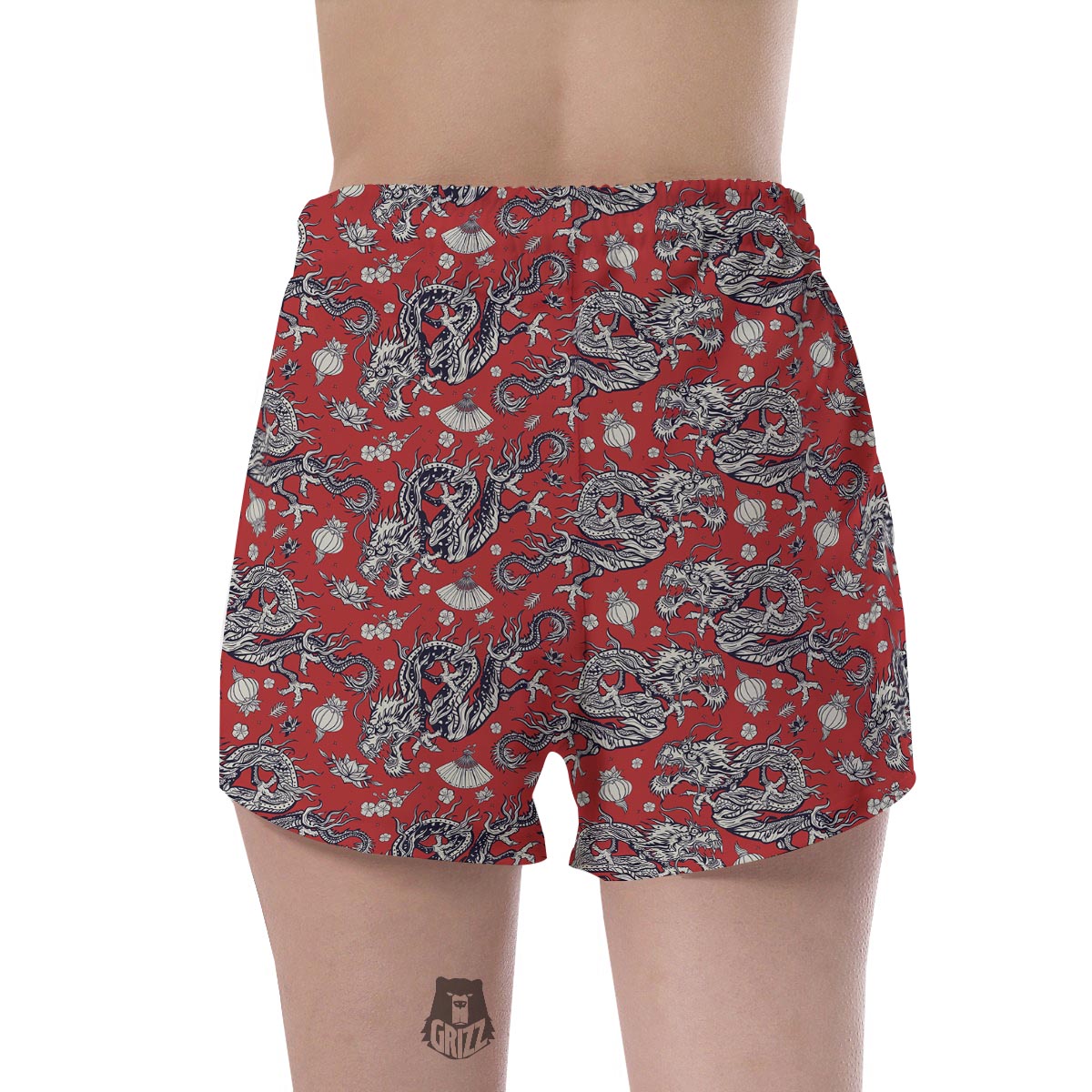 Red Chinese Dragon Floral Print Women's Shorts-grizzshop