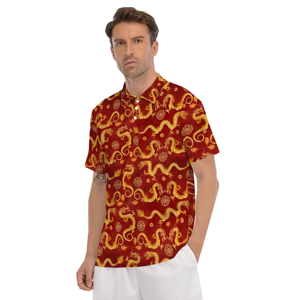 Red Chinese Dragon Men's Golf Shirts-grizzshop