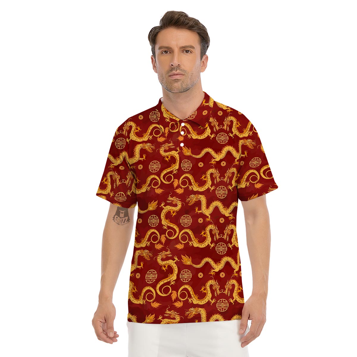 Red Chinese Dragon Men's Golf Shirts-grizzshop
