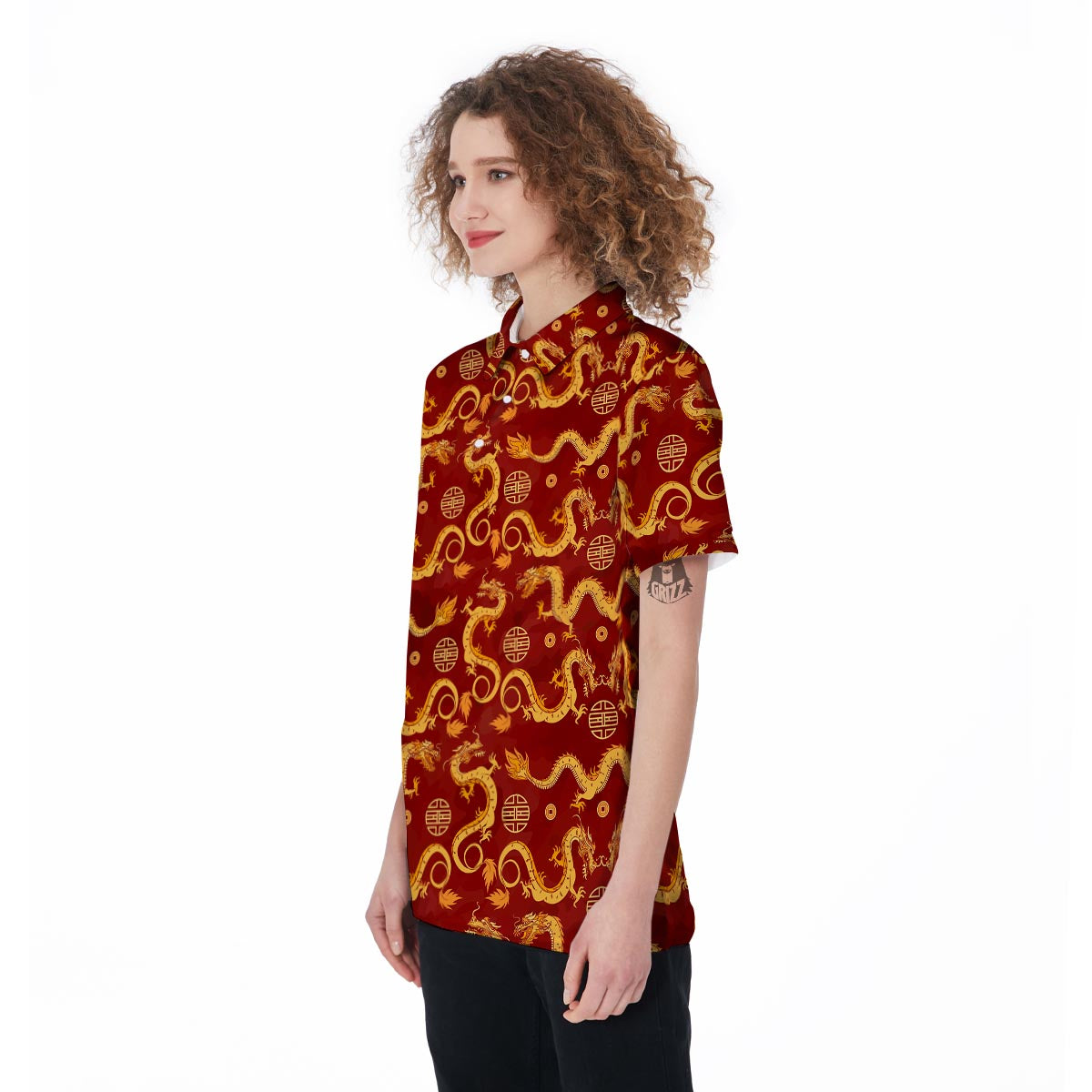 Red Chinese Dragon Women's Golf Shirts-grizzshop