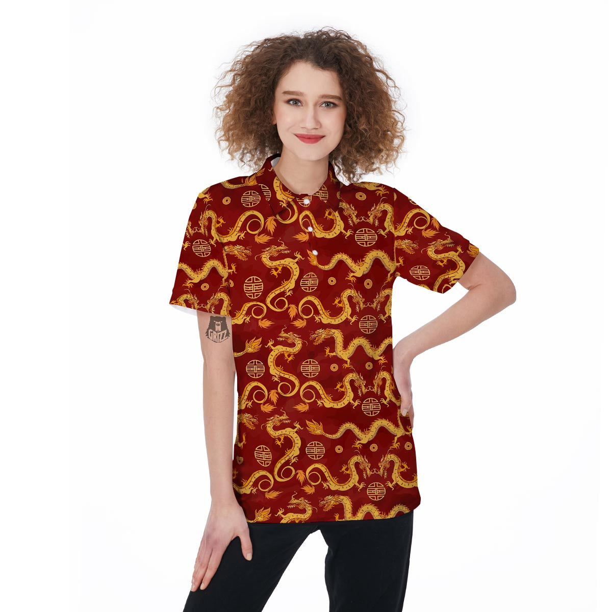 Red Chinese Dragon Women's Golf Shirts-grizzshop