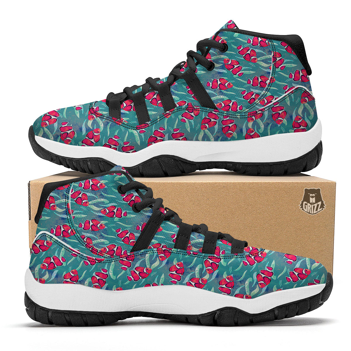 Red Clownfish Watercolor Blue Print Pattern Black Bball Shoes-grizzshop