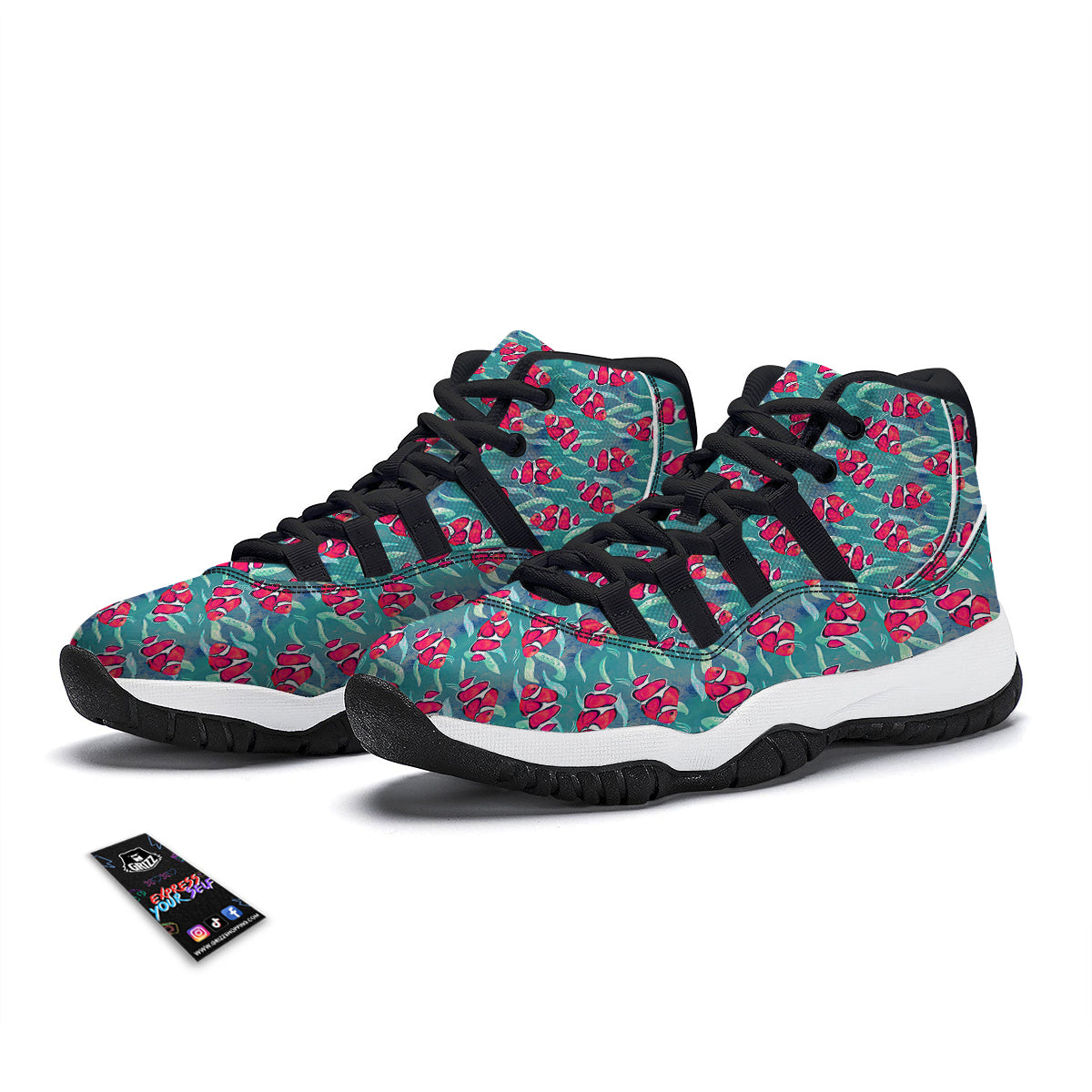 Red Clownfish Watercolor Blue Print Pattern Black Bball Shoes-grizzshop