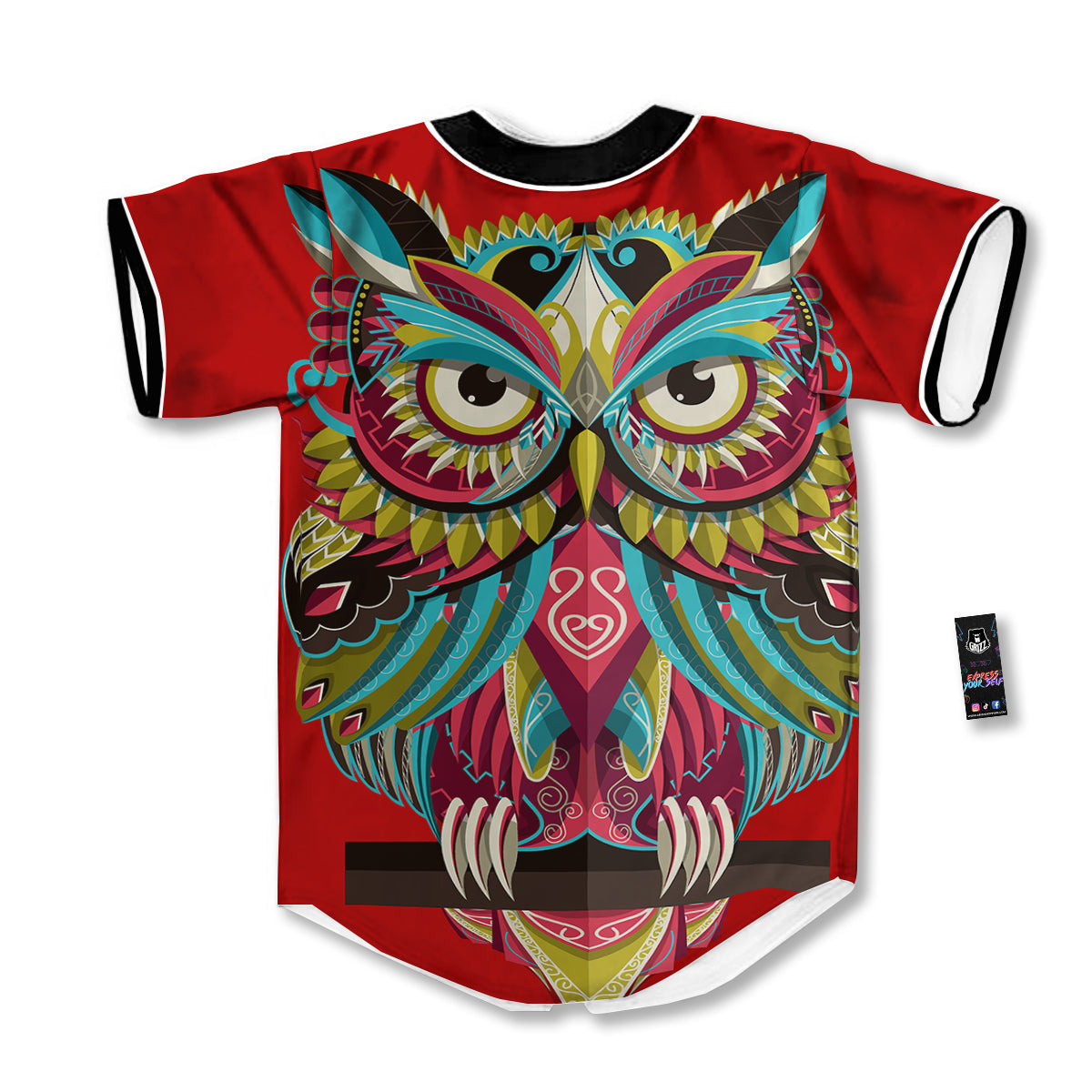 Red Colorful Owl Print Baseball Jersey-grizzshop