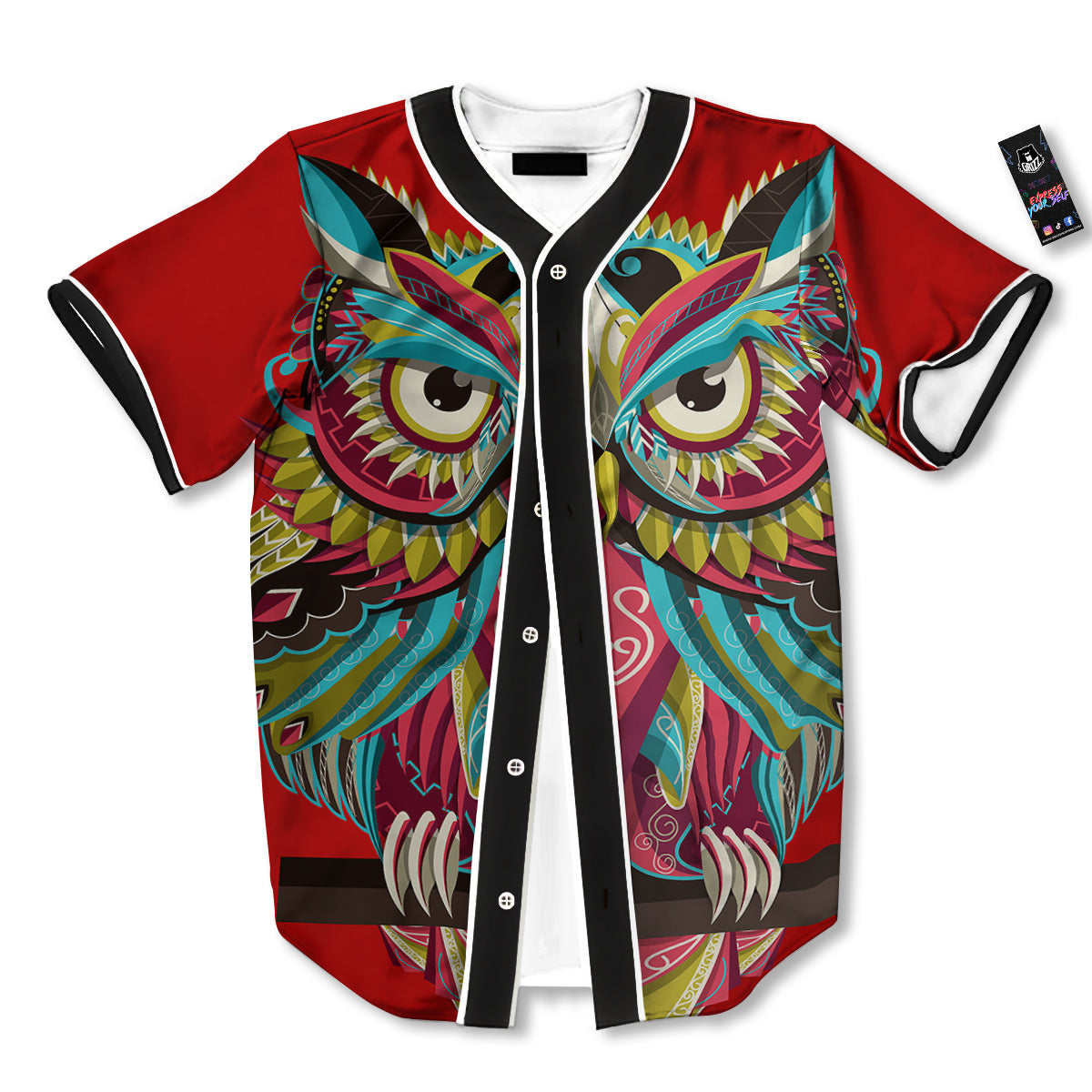 Red Colorful Owl Print Baseball Jersey-grizzshop