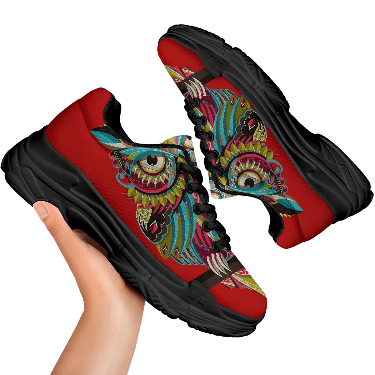 Red Colorful Owl Print Black Chunky Shoes-grizzshop