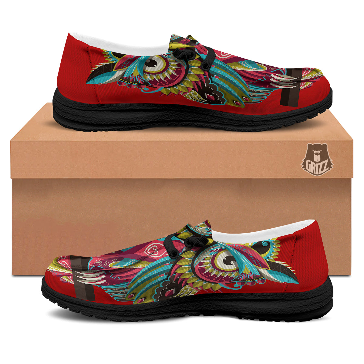 Red Colorful Owl Print Black Loafers-grizzshop