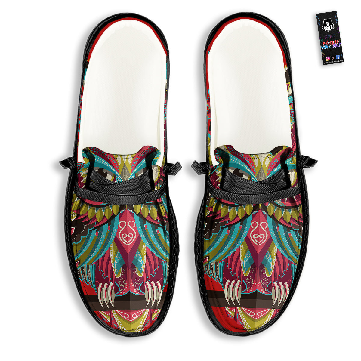 Red Colorful Owl Print Black Loafers-grizzshop