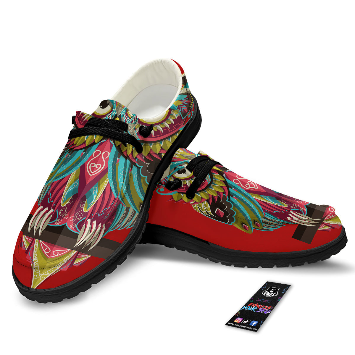 Red Colorful Owl Print Black Loafers-grizzshop