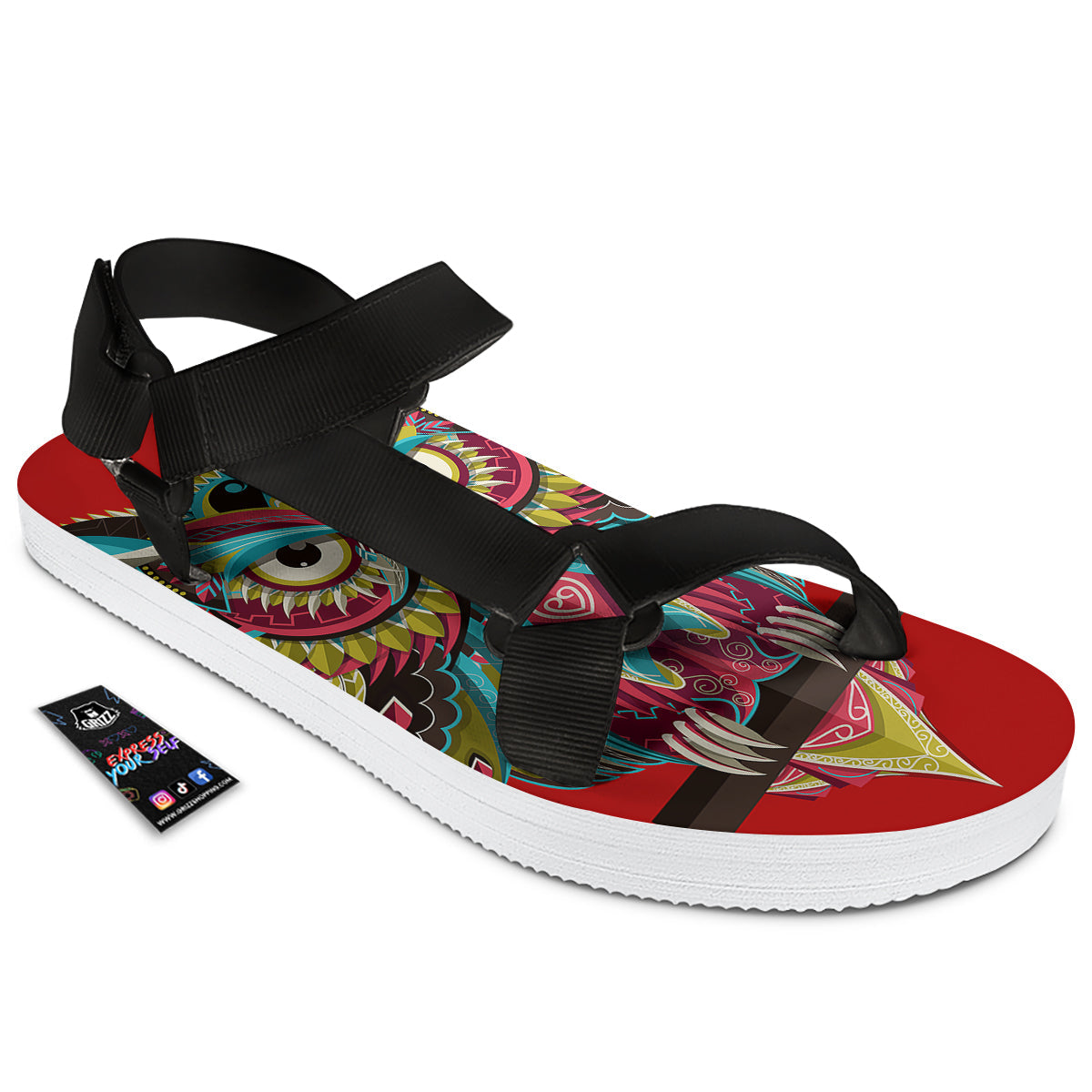 Red Colorful Owl Print Black Open Toe Sandals-grizzshop