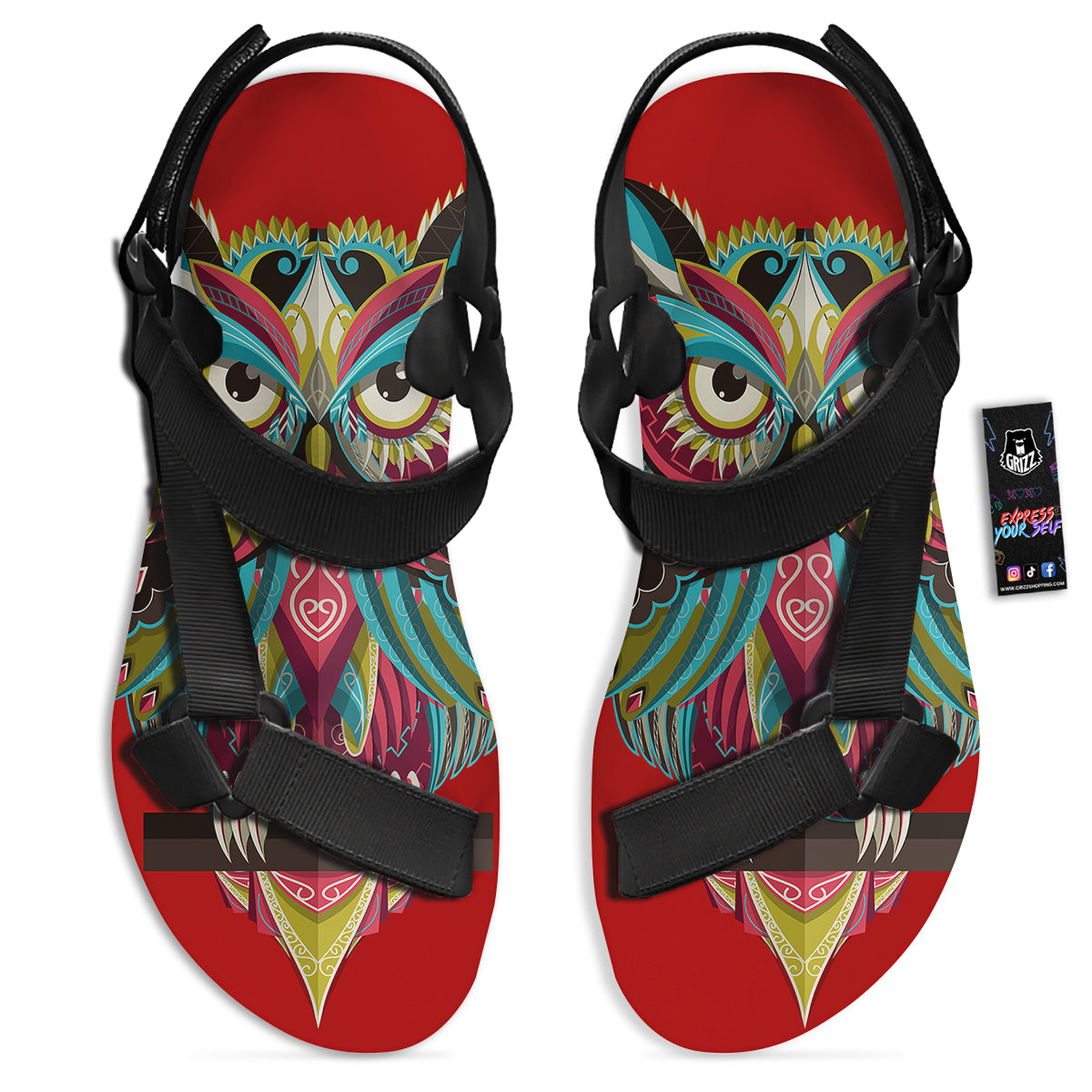 Red Colorful Owl Print Black Open Toe Sandals-grizzshop