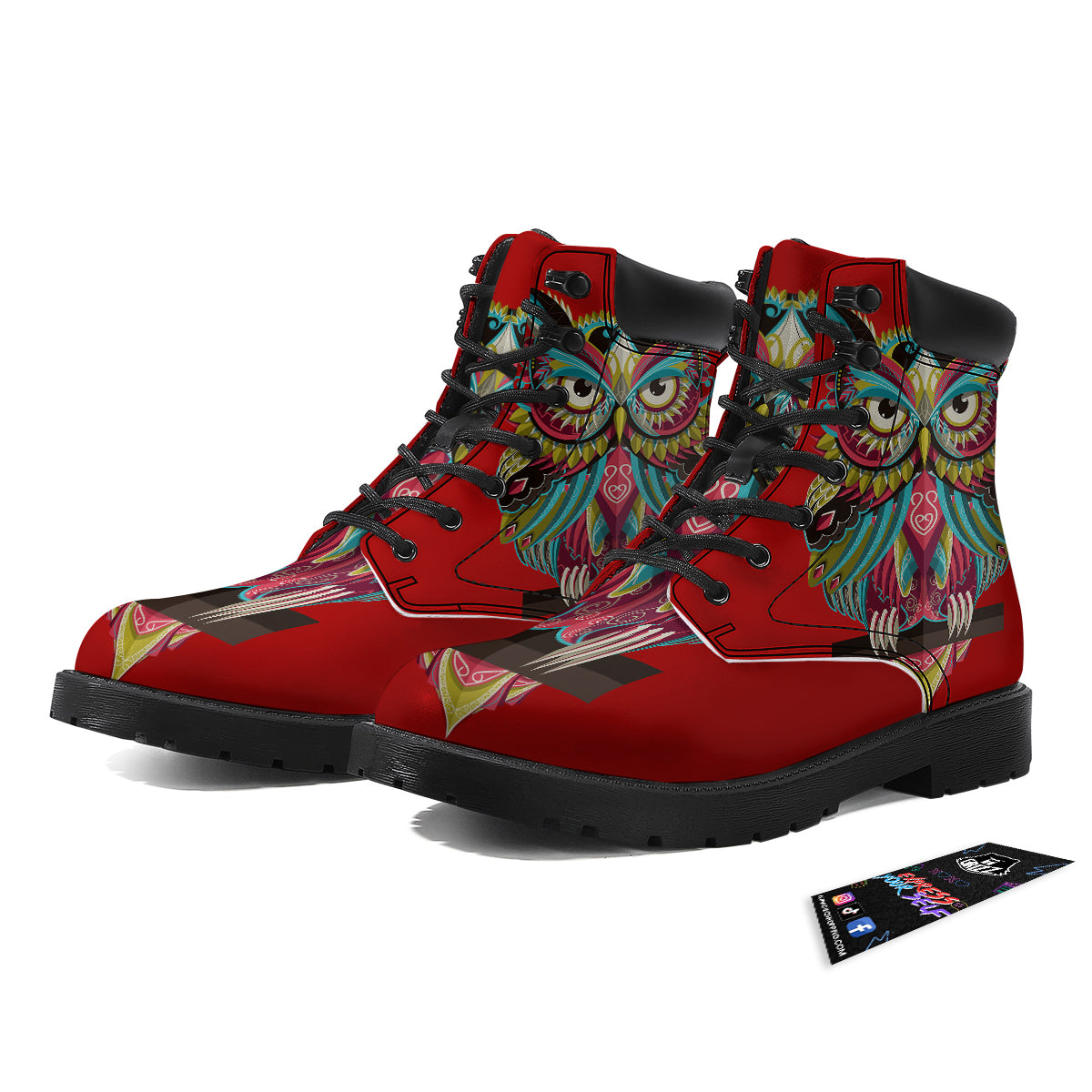 Red Colorful Owl Print Boots-grizzshop