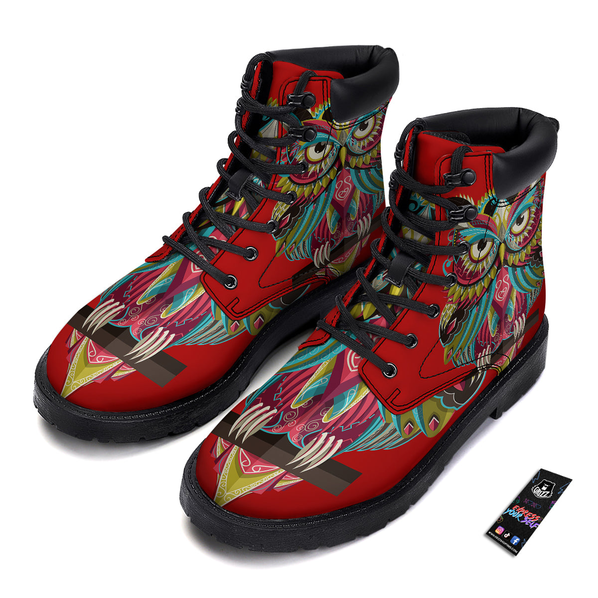 Red Colorful Owl Print Boots-grizzshop
