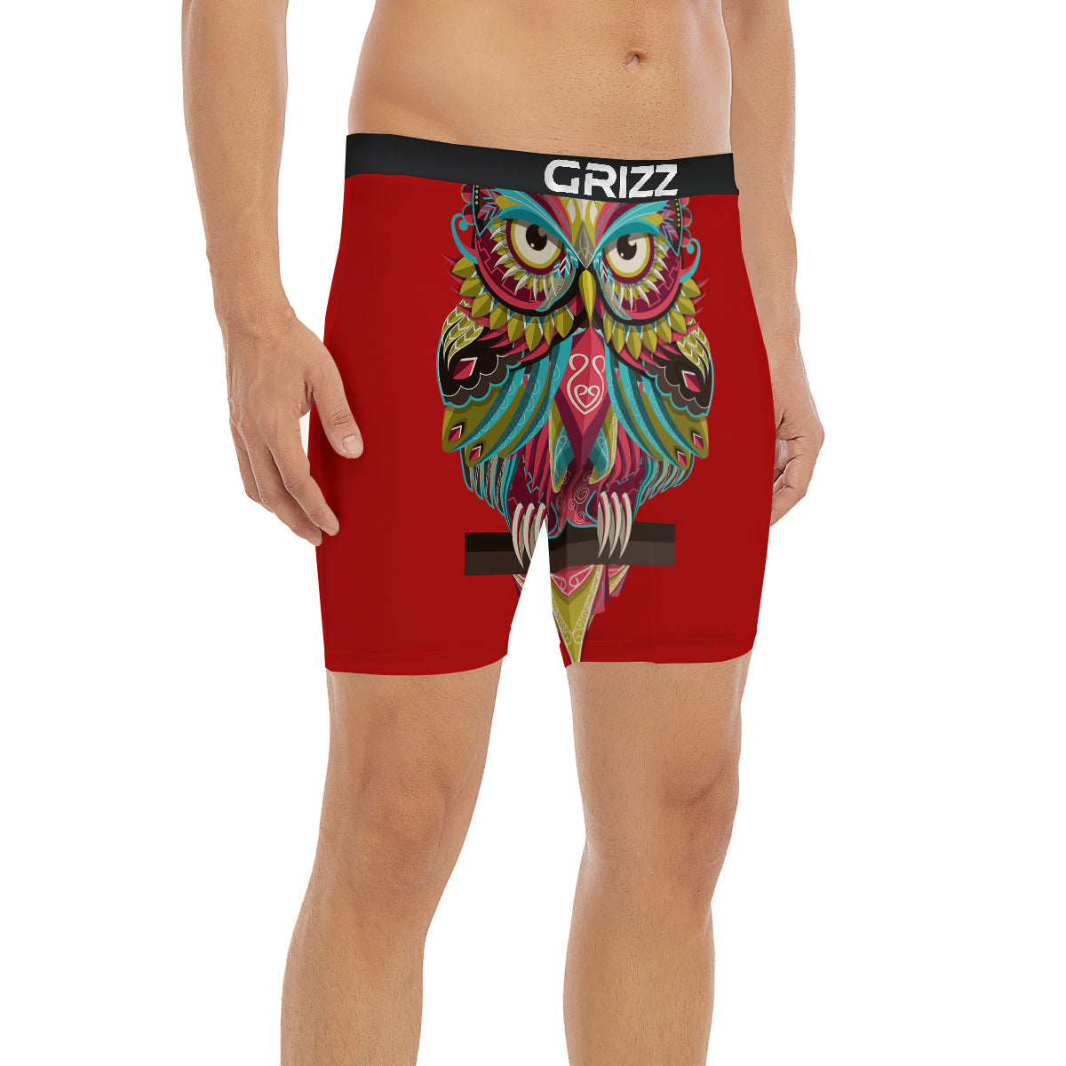 Red Colorful Owl Print Boxer Briefs-grizzshop