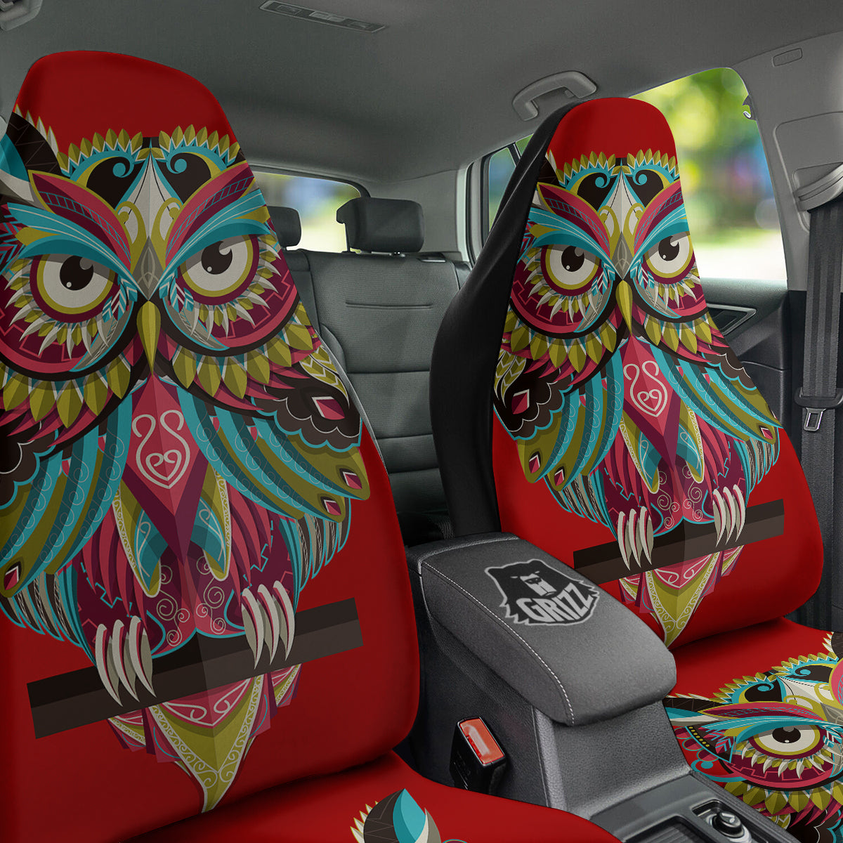 Red Colorful Owl Print Car Seat Covers-grizzshop