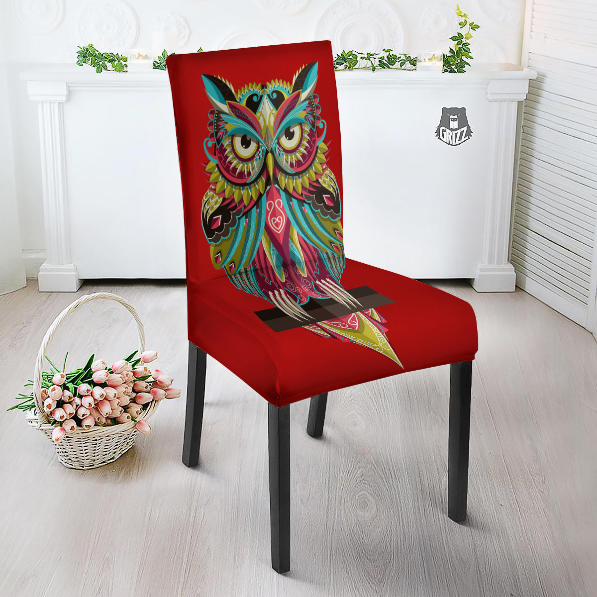 Red Colorful Owl Print Dining Chair Slipcover-grizzshop
