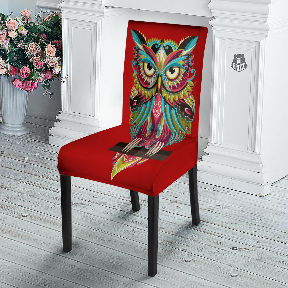 Red Colorful Owl Print Dining Chair Slipcover-grizzshop