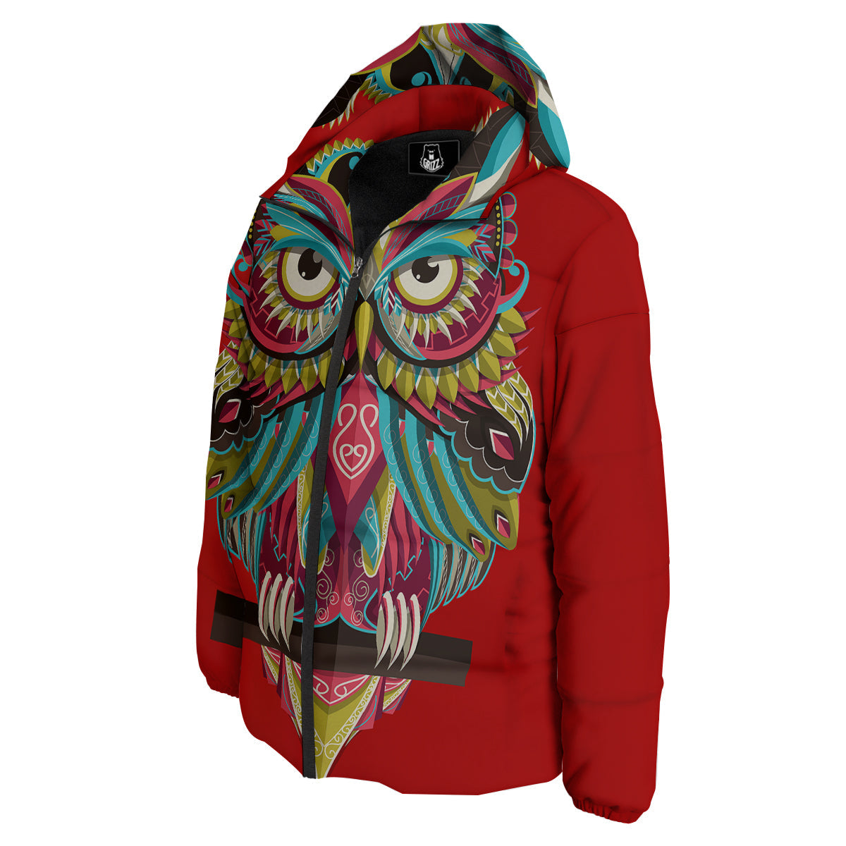 Red Colorful Owl Print Down Jacket-grizzshop