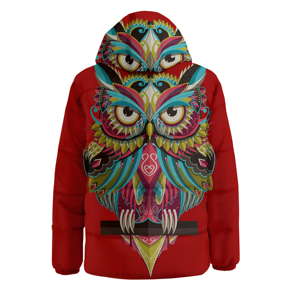 Red Colorful Owl Print Down Jacket-grizzshop