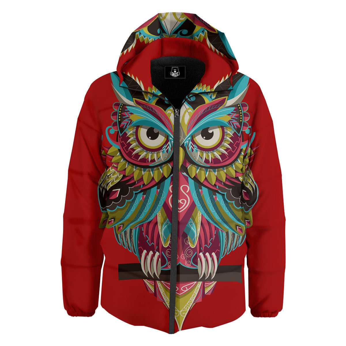 Red Colorful Owl Print Down Jacket-grizzshop