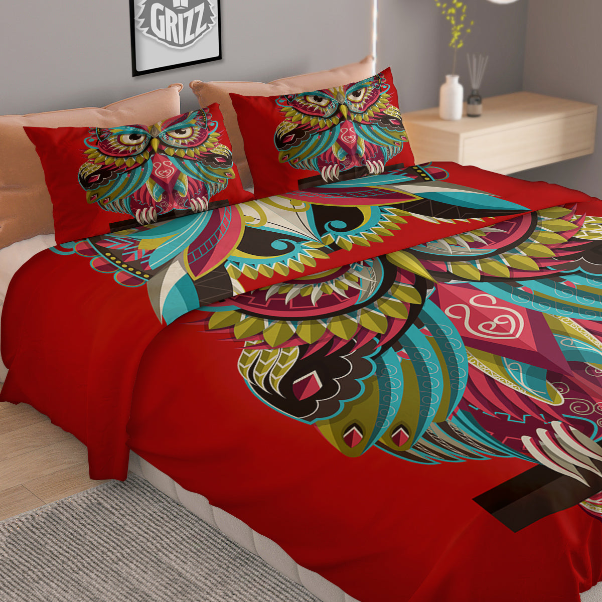 Red Colorful Owl Print Duvet Cover Bedding Set
