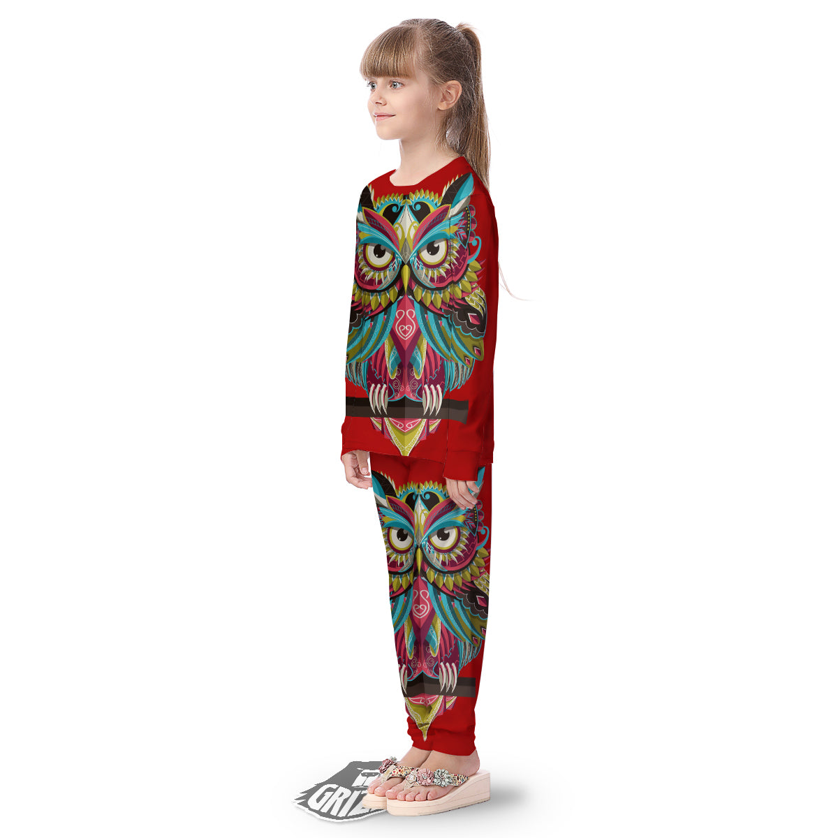 Red Colorful Owl Print Kid's Pajamas-grizzshop