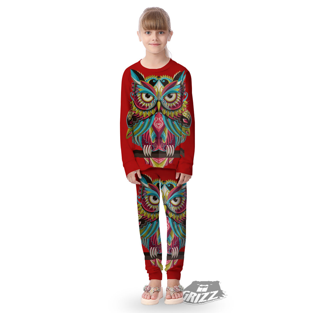 Red Colorful Owl Print Kid's Pajamas-grizzshop