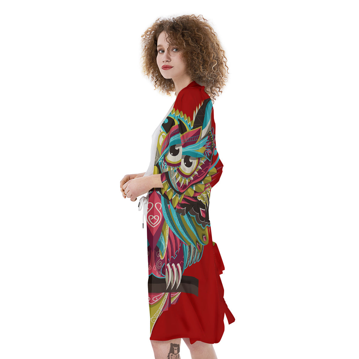 Red Colorful Owl Print Kimono-grizzshop