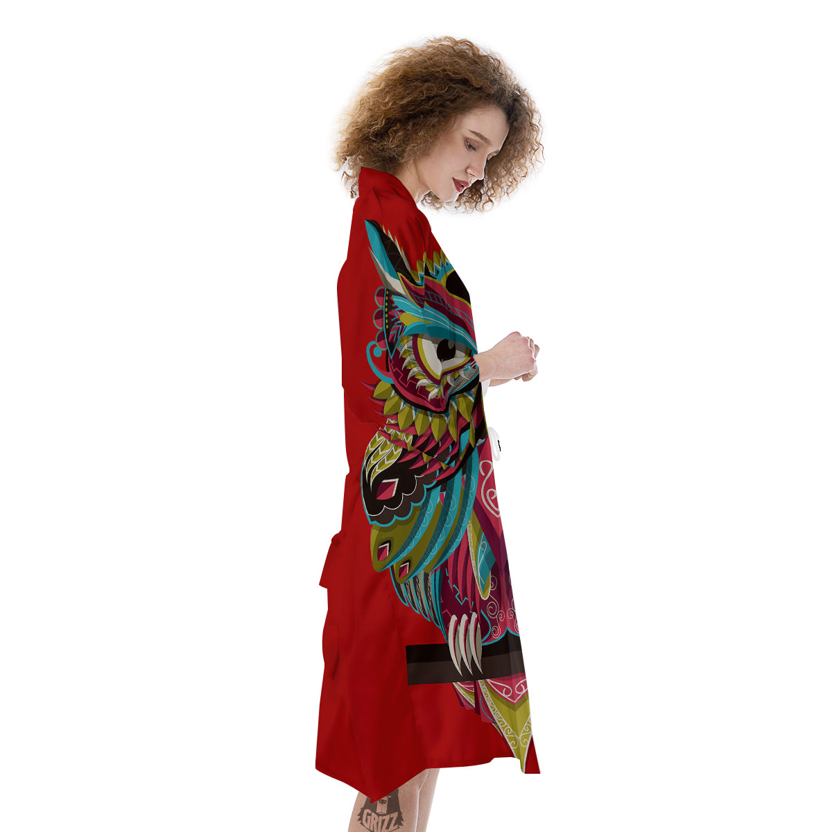 Red Colorful Owl Print Kimono-grizzshop